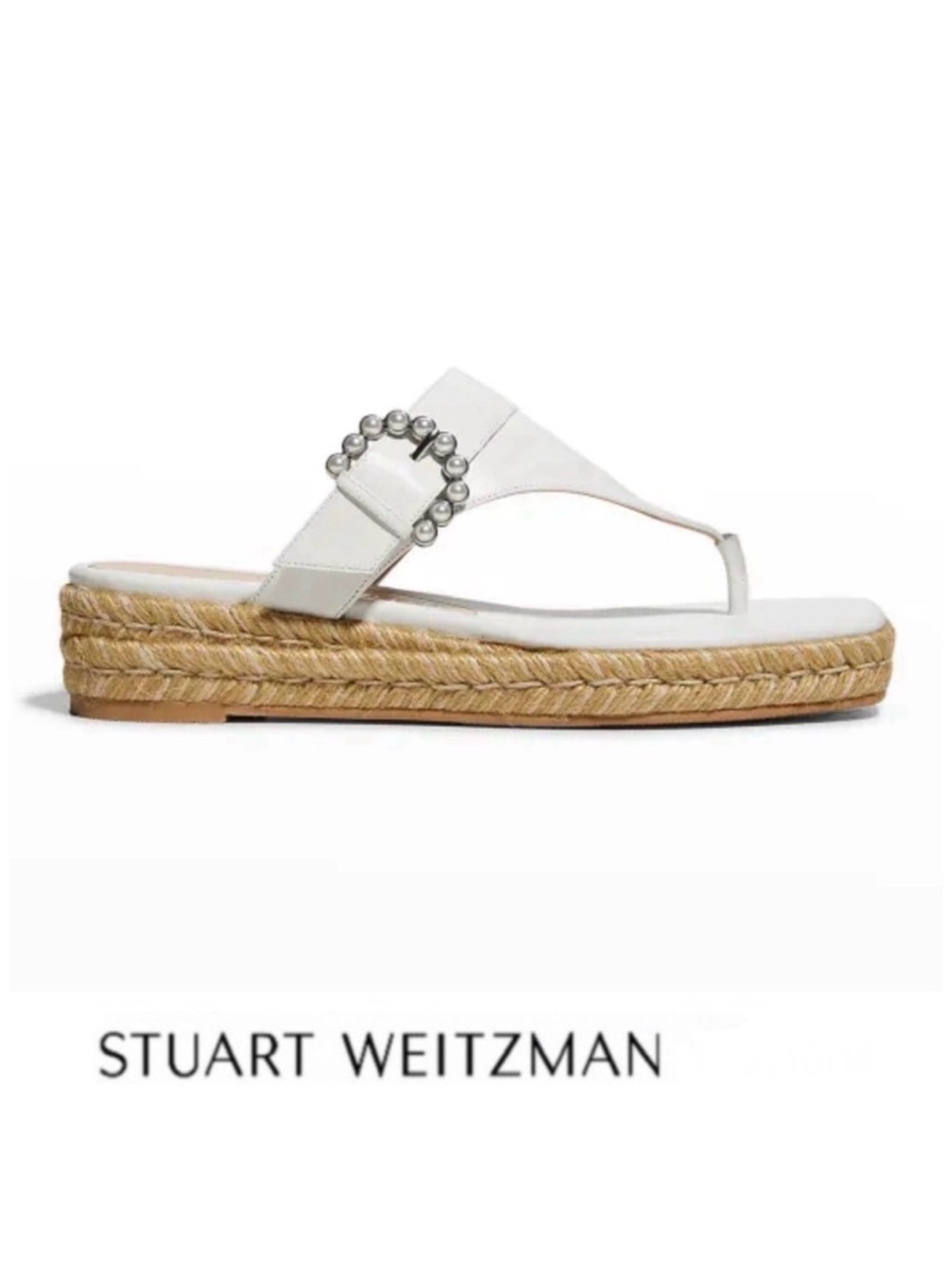 STUART WEITZMAN White Leather Pearl Buckle Thong Slip Espadrille Sandals Sz 6.5
